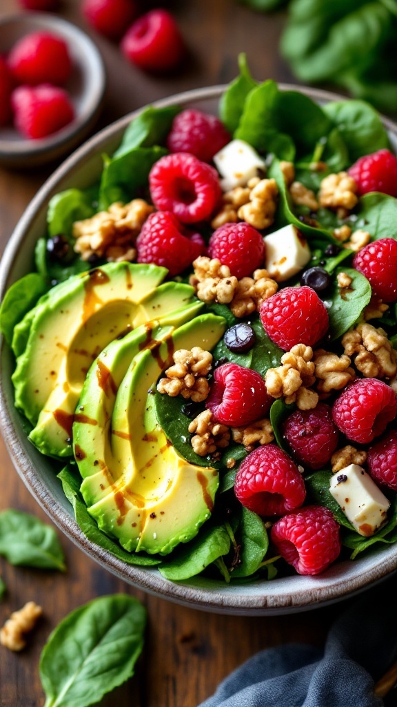 A colorful raspberry-spinach salad with avocado and walnuts on a wooden table.